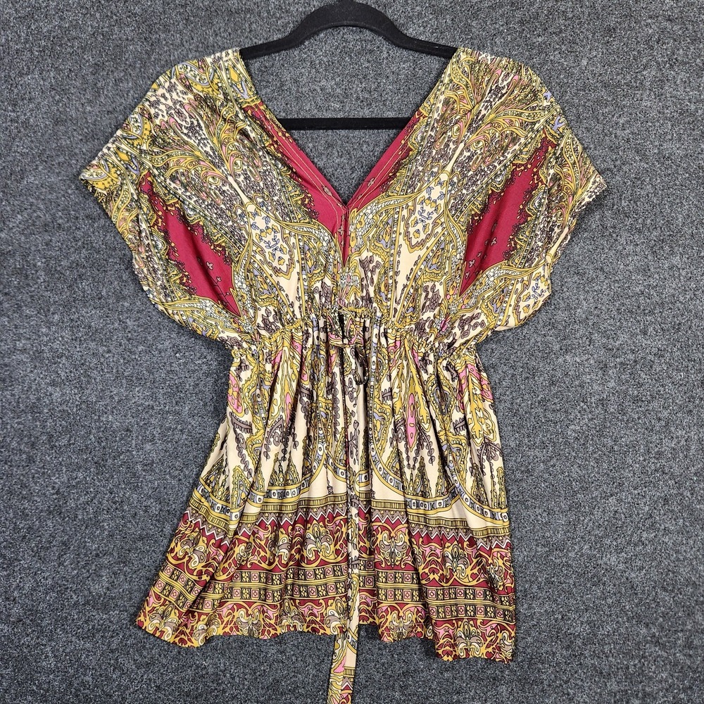 Y2K Style Paisley Boho Babydoll Tunic Top Empire Waist Flutter Sleeve Small